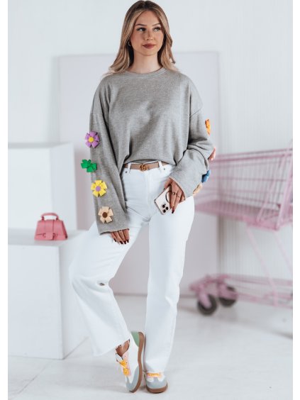 SVĚTLE ŠEDÁ OVERSIZE MIKINA S KVĚTINAMI NA RUKÁVECH RAWEL