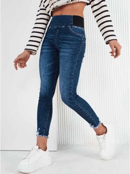 TMAVĚ MODRÉ DŽÍNOVÉ KALHOTY S GUMOU V PASE LERATE (Velikost S)