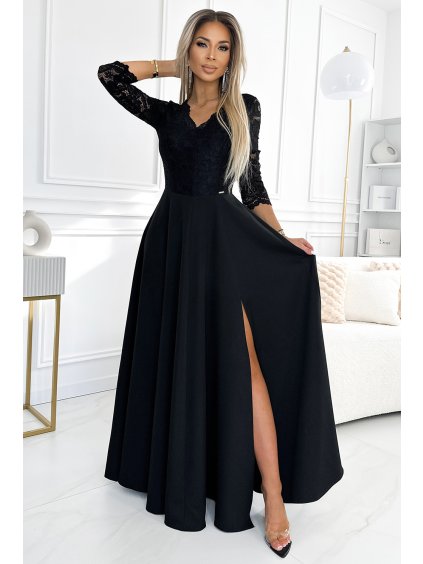 ELEGANTNÍ ČIERNE KRAJKOVÉ DLOUHÉ ŠATY S VÝSTŘIHEM ELISA