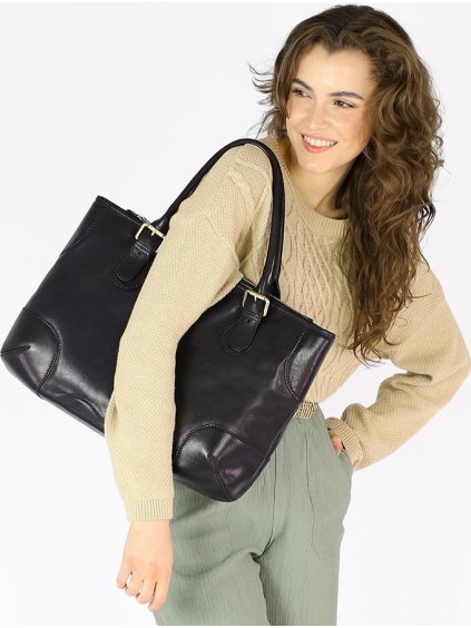 MARCO MAZZINI ČERNÁ KOŽENÁ SHOPPER KABELKA (Velikost ONE SIZE)