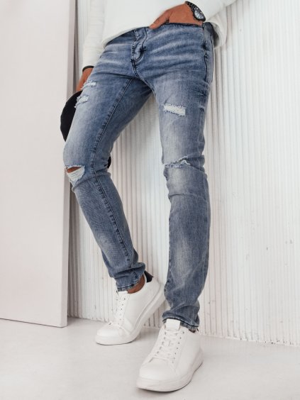 MODRÉ DŽÍNOVÉ KALHOTY S DÍRY A ODĚRKAMI (Velikost 29)