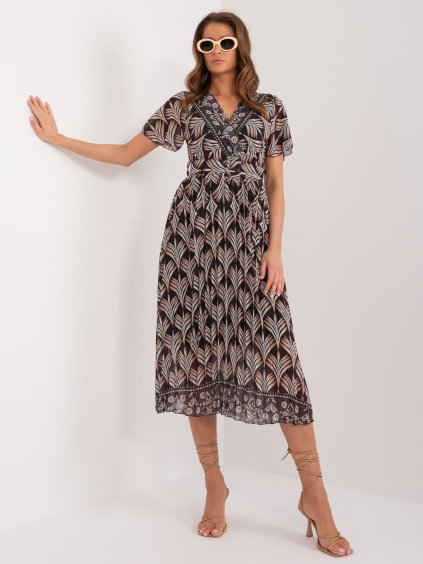 ČERNO-BÉŽOVÉ VZOROVANÉ MIDI ŠATY S PÁSKEM (Velikost ONE SIZE)