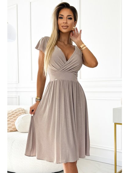 BÉŽOVÉ TŘPYTIVÉ MIDI ŠATY S VÝSTŘIHEM MATYLDA (Velikost XS)