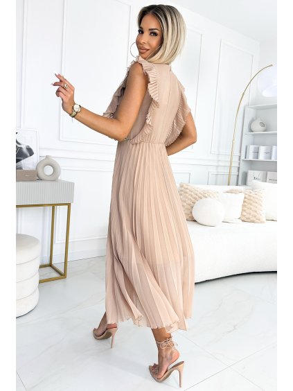 ELEGANTNÍ TMAVĚ BÉŽOVÉ ŠATY BRENDA S PLISOVANOU SUKNÍ