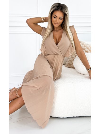 ELEGANTNÍ TMAVĚ BÉŽOVÉ ŠATY BRENDA S PLISOVANOU SUKNÍ
