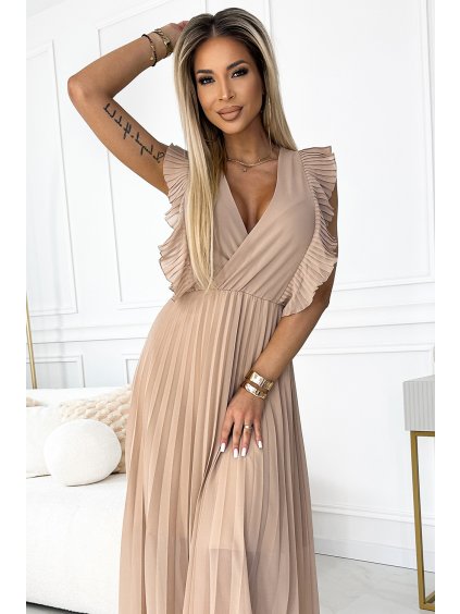 ELEGANTNÍ TMAVĚ BÉŽOVÉ ŠATY BRENDA S PLISOVANOU SUKNÍ