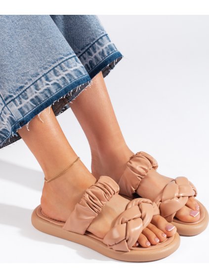 STYLOVÉ BÉŽOVÉ PLOCHÉ DÁMSKÉ PANTOFLE (Velikost 36)