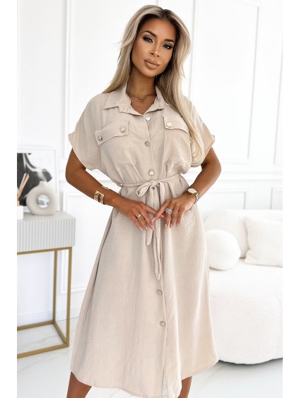 BÉŽOVÉ MIDI KOŠILOVÉ ŠATY SE ZLATÝMI KNOFLÍKY (Velikost ONE SIZE)
