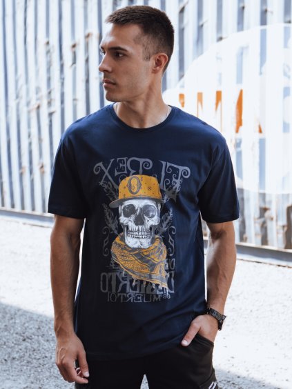 TMAVĚ MODRÉ PÁNSKÉ TRIČKO S POTISKEM LEBKY