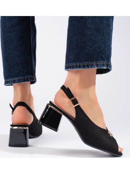 ČERNÉ ELEGANTNÍ SEMIŠOVÉ SANDÁLY NA SLOUPKOVÉM PODPATKU