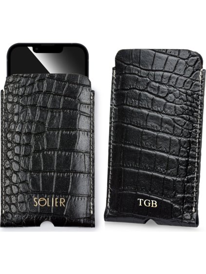 SOLIER ČERNÉ KOŽENÉ POUZDRO NA TELEFON IPHONE 11 S IMITACÍ KROKODÝLÍ KŮŽE