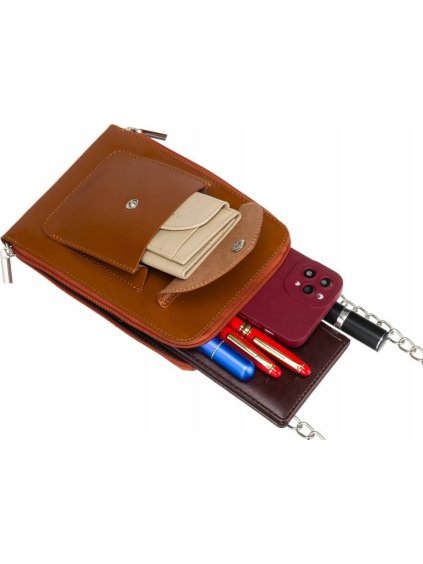 KARAMELOVĚ HNĚDÁ KOŽENÁ CROSSBODY KABELKA S POUZDREM NA TELEFON (Velikost ONE SIZE)