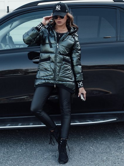 TMAVĚ ZELENÁ PROŠÍVANÁ ASYMETRICKÁ BUNDA FASHION CHIC