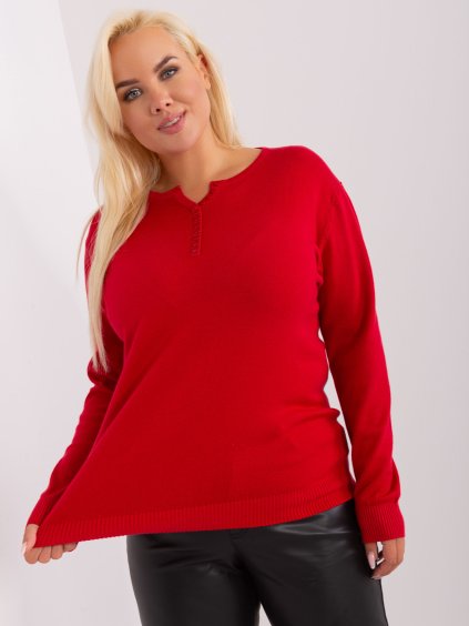 ČERVENÝ LEHKÝ SVETR S KNOFLÍKY VE VÝSTŘIHU (Velikost L/XL)