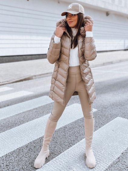 BÉŽOVÁ LESKLÁ DELŠÍ BUNDA CRYSTAL (Velikost S)