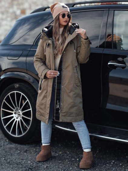 DÁMSKÁ DLOUHÁ HNĚDÁ PŘECHODOVÁ BUNDA S KAPUCÍ ELEGANTI