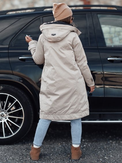 DÁMSKÁ DLOUHÁ SMETANOVÁ PŘECHODOVÁ BUNDA S KAPUCÍ ELEGANTI