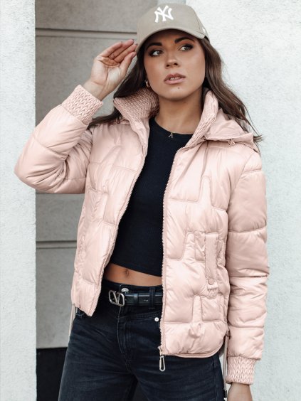 SVĚTLE RŮŽOVÁ DÁMSKÁ KRÁTKÁ ZIMNÍ PROŠÍVANÁ BUNDA S KAPUCÍ FASHWARM