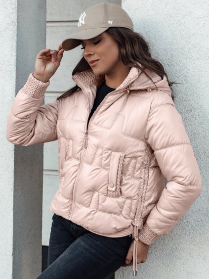 SVĚTLE RŮŽOVÁ DÁMSKÁ KRÁTKÁ ZIMNÍ PROŠÍVANÁ BUNDA S KAPUCÍ FASHWARM