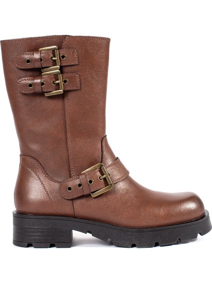 HNĚDÉ KOŽENÉ DÁMSKÉ KOTNÍKOVÉ BOTY NA PLATFORMĚ ZDOBENÉ ŘEMÍNKY SERGIO LEONE, PODPATEK 4 CM (Velikost 36)