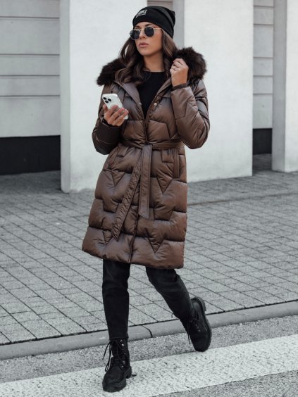 HNĚDÁ DÁMSKÁ DLOUHÁ PROŠÍVANÁ ZIMNÍ BUNDA S KOŽÍŠKEM STYLOWQ