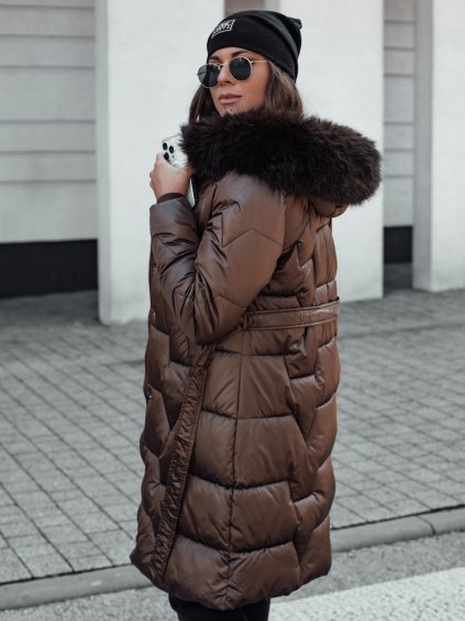 HNĚDÁ DÁMSKÁ DLOUHÁ PROŠÍVANÁ ZIMNÍ BUNDA S KOŽÍŠKEM STYLOWQ