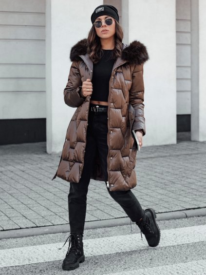 HNĚDÁ DÁMSKÁ DLOUHÁ PROŠÍVANÁ ZIMNÍ BUNDA S KOŽÍŠKEM STYLOWQ