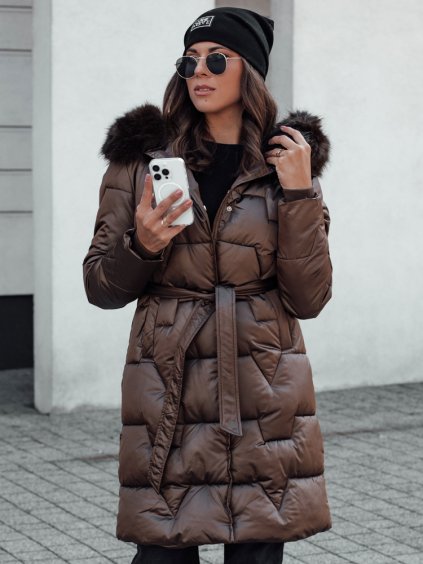 HNĚDÁ DÁMSKÁ DLOUHÁ PROŠÍVANÁ ZIMNÍ BUNDA S KOŽÍŠKEM STYLOWQ