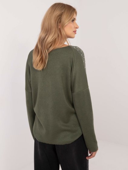 KHAKI DÁMSKÝ SVETR S KAMÍNKY NA RAMENOU (Velikost ONE SIZE)