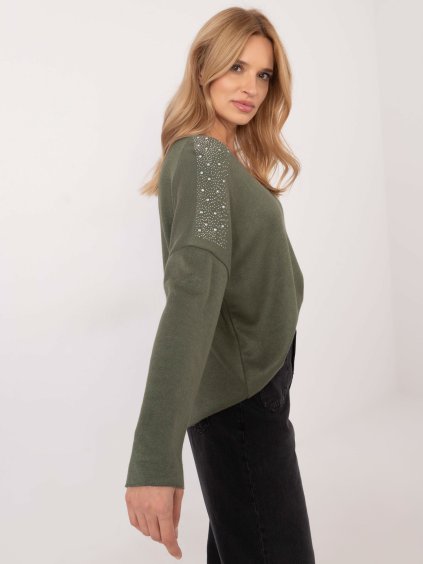 KHAKI DÁMSKÝ SVETR S KAMÍNKY NA RAMENOU (Velikost ONE SIZE)