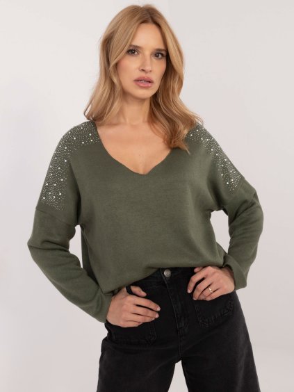 KHAKI DÁMSKÝ SVETR S KAMÍNKY NA RAMENOU (Velikost ONE SIZE)