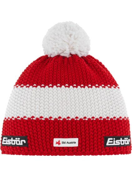 BÍLO-ČERVENÁ VLNĚNÁ ČEPICE EISBAR STAR POMPON MU SKA