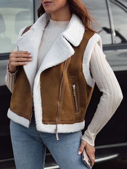 DÁMSKÁ HNĚDÁ SEMIŠOVÁ VESTA S OVČÍM KOŽÍŠKEM WOOLZIP