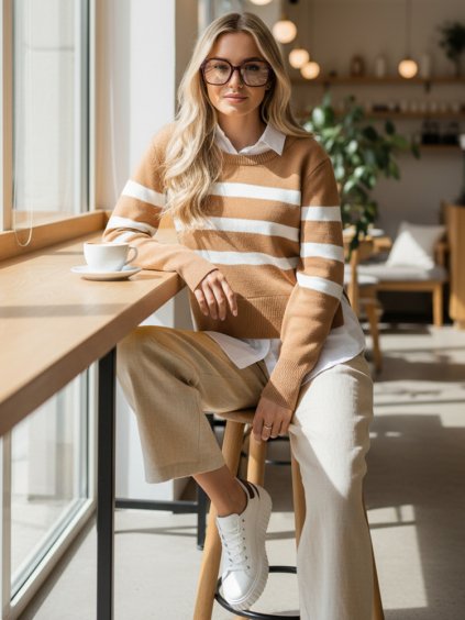 BÉŽOVO-BÍLÝ PRUHOVANÝ SVETR S KOŠILÍ ASTRIDA (Velikost ONE SIZE)