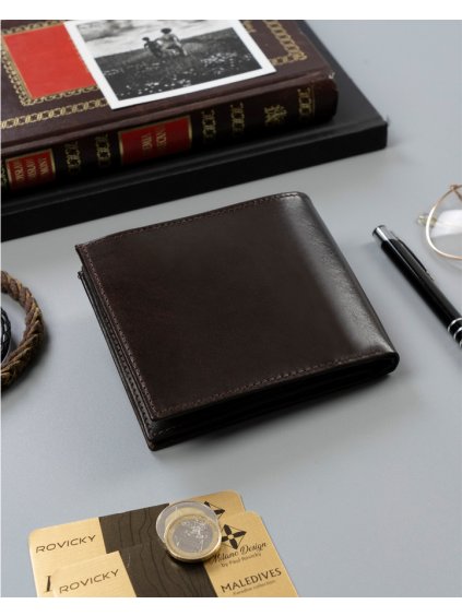 ELEGANTNÍ HNĚDÁ PÁNSKÁ KOŽENÁ PENĚŽENKA S RFID SYSTÉMEM ROVICKY L227