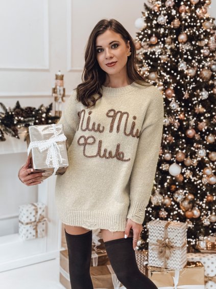 BÉŽOVÝ DÁMSKÝ TEPLÝ SVETR S VYŠÍVANÝM NÁPISEM MIU MIU (Velikost ONE SIZE)