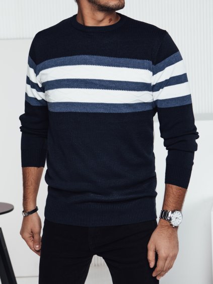 TMAVĚ MODRÝ PÁNSKÝ SVETR S BÍLO-MODRÝMI PRUHY (Velikost M)