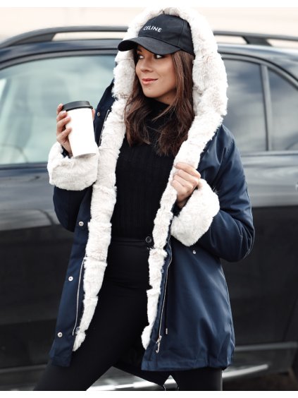 TMAVĚ MODRÁ DÁMSKÁ ZATEPLENÁ PARKA S KOŽÍŠKEM STARBURST
