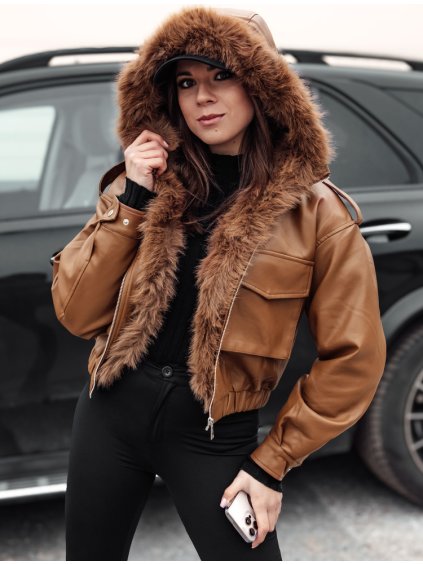 HNĚDÁ DÁMSKÁ ZATEPLENÁ KOŽENKOVÁ CROP BUNDA SOFTREBEL