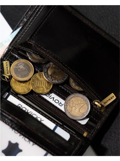 ROVICKY MINIMALISTICKÁ TMAVĚ HNĚDÁ PÁNSKÁ KOŽENÁ PENĚŽENKA NA ZIP L258