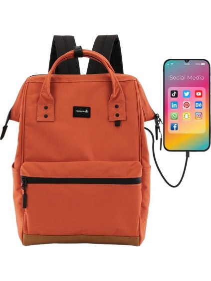 HIMAWARI TMAVĚ ORANŽOVÝ DÁMSKÝ BATOH S PŘEDNÍ KAPSOU A USB PORTEM