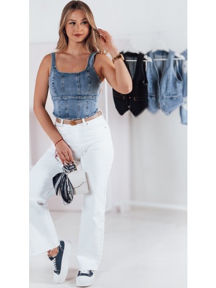 DÁMSKÝ DŽÍNOVÝ CROP TOP NA RAMÍNKA VESTTOP