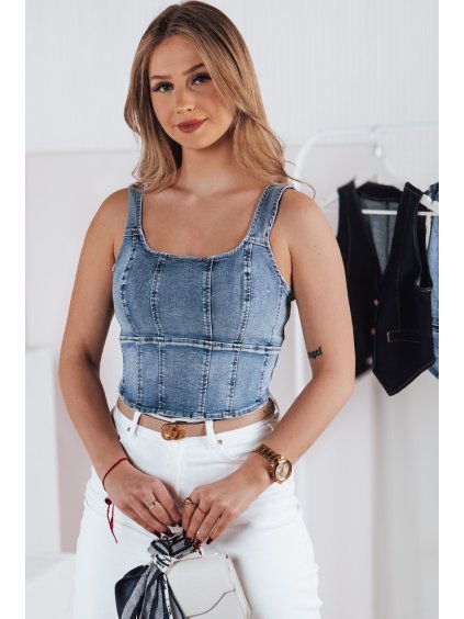 DÁMSKÝ DŽÍNOVÝ CROP TOP NA RAMÍNKA VESTTOP