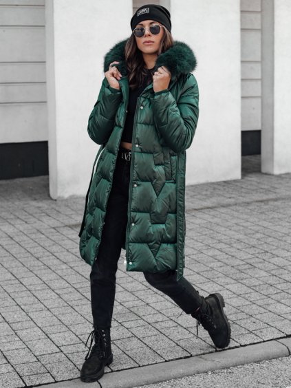 TMAVĚ ZELENÁ DÁMSKÁ DLOUHÁ PROŠÍVANÁ ZIMNÍ BUNDA S KOŽÍŠKEM STYLOWQ