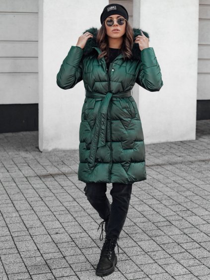 TMAVĚ ZELENÁ DÁMSKÁ DLOUHÁ PROŠÍVANÁ ZIMNÍ BUNDA S KOŽÍŠKEM STYLOWQ