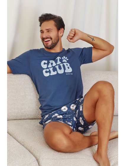 MODRÉ PÁNSKÉ PYŽAMO S KOČKAMI CAT CLUB (Velikost S)