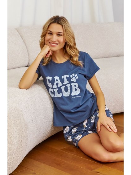 MODRÉ DÁMSKÉ PYŽAMO S KOČKAMI CAT CLUB (Velikost S)