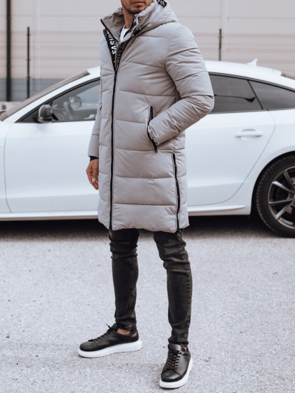 (VEL. 3XL) PÁNSKÁ SVĚTLE ŠEDÁ DLOUHÁ PROŠÍVANÁ ZIMNÍ BUNDA S KAPUCÍ