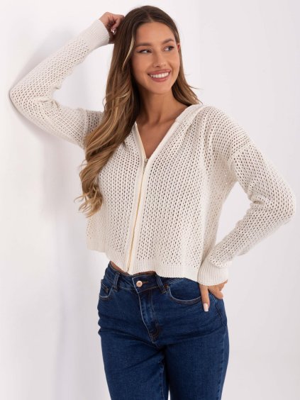 SVĚTLE BÉŽOVÝ DÁMSKÝ PROLAMOVANÝ SVETR S KAPUCÍ A ZAPÍNÁNÍM NA ZIP (Velikost ONE SIZE)
