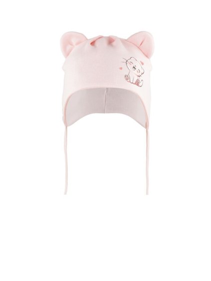DĚTSKÁ JARNÍ ČEPICE S OUŠKAMA A POTISKEM KOČKY AJS (Velikost 36-38 cm, Barva růžová)